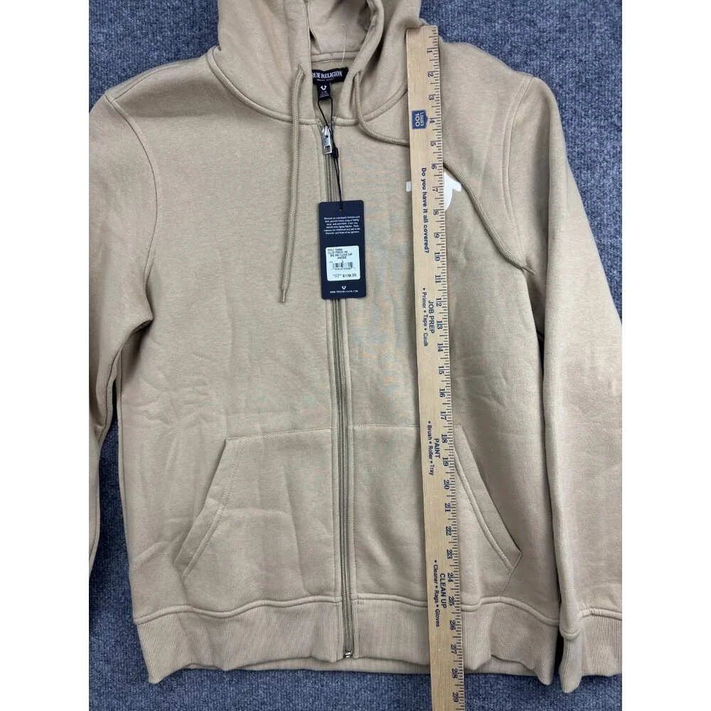 True Religion Hoodie Mens Large‎ Beige Full Zip Fleece Sweatshirt Logo Back
